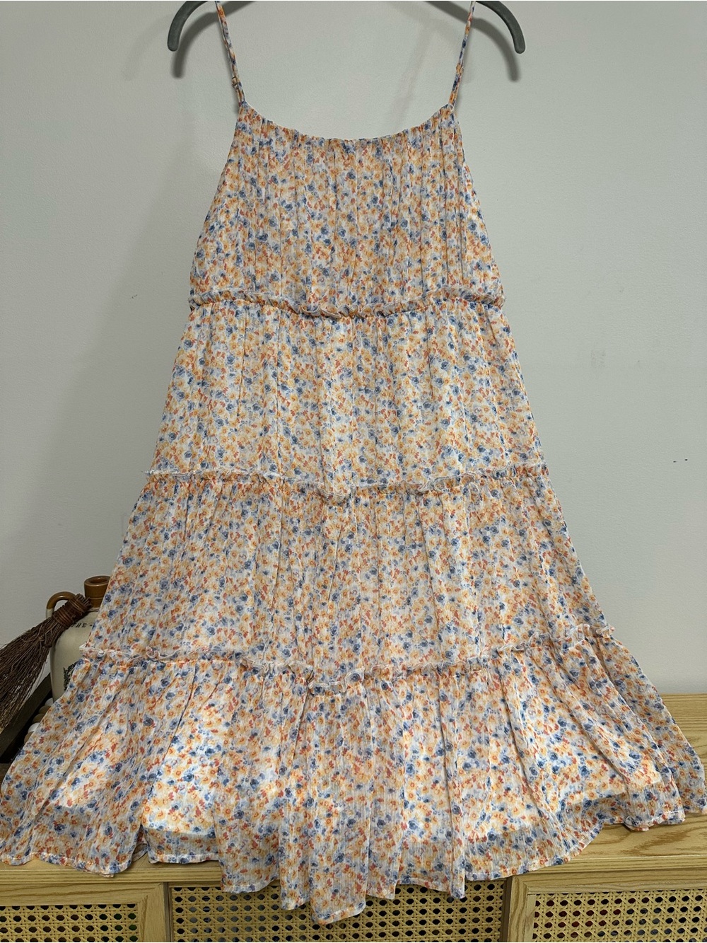 mittoshop Floral Tiered Maxi Skirt in Cream, Blue, and Orange